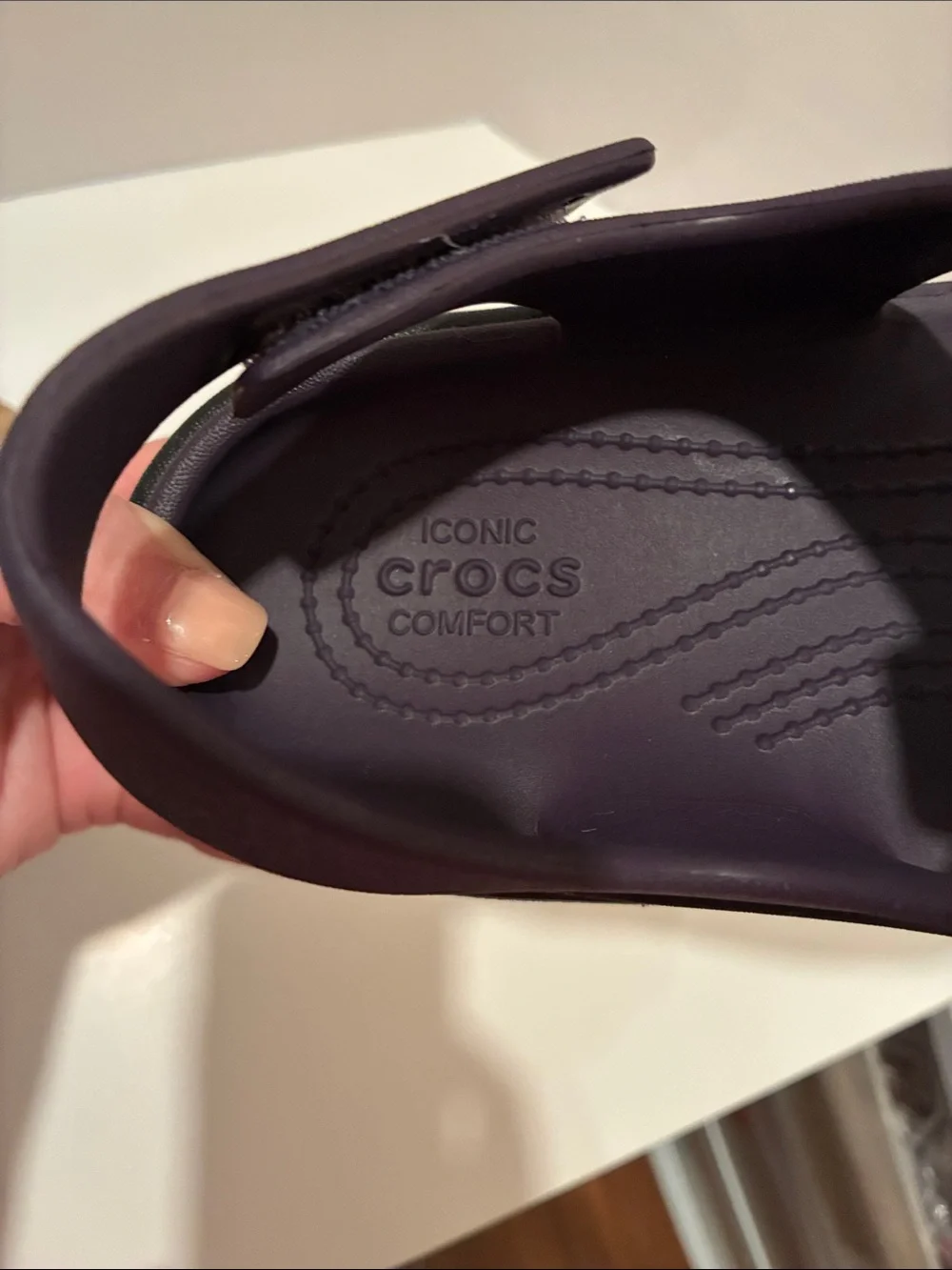 CROCS Women's Stomp Fisherman Platform Sandal in Deep Plum with Black Sole